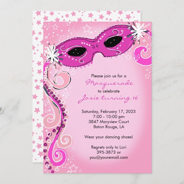 Invitation Masquerade : Pink Sweet 16 Ball (Devant / Derrière)