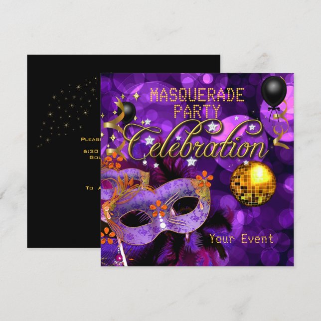 Invitation MASQUERADE Purple Gold Dance Party Disco Ball (Devant / Derrière)