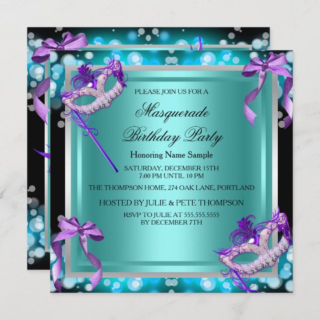 Invitation Masquerade Purple Masques Turquoises fête d'annive (Devant / Derrière)
