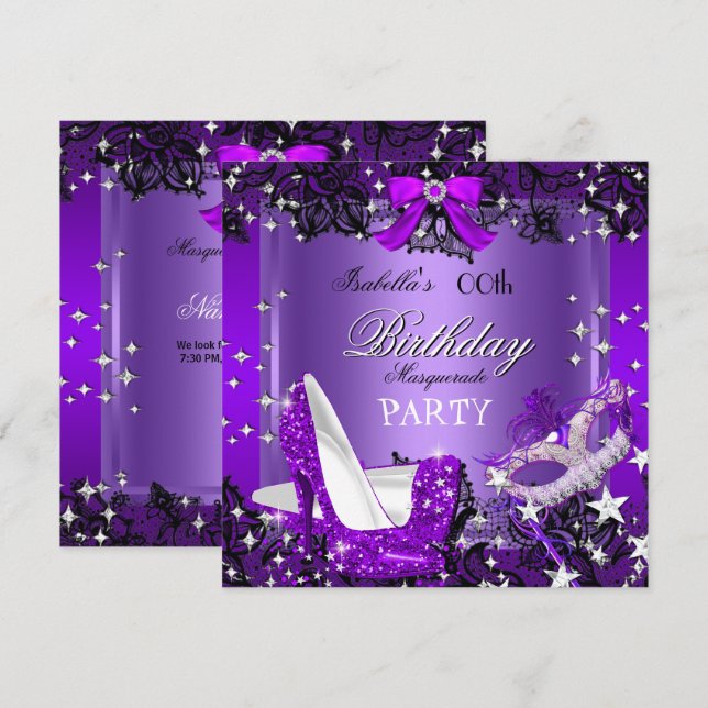 Invitation Masquerade Purple Parties scintillant High Heures (Devant / Derrière)