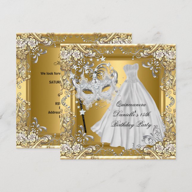 Invitation Masquerade Quinceanera 15e anniversaire Masque Or  (Devant / Derrière)