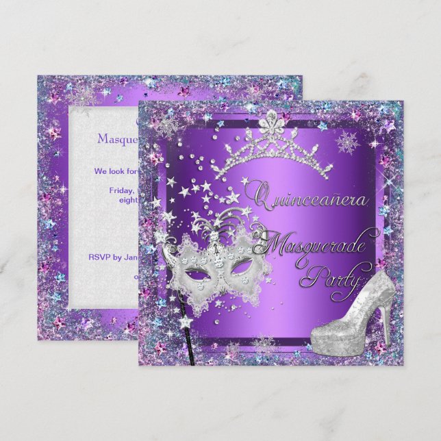 Invitation Masquerade Quinceanera 15ème Parti Purple Tiara (Devant / Derrière)