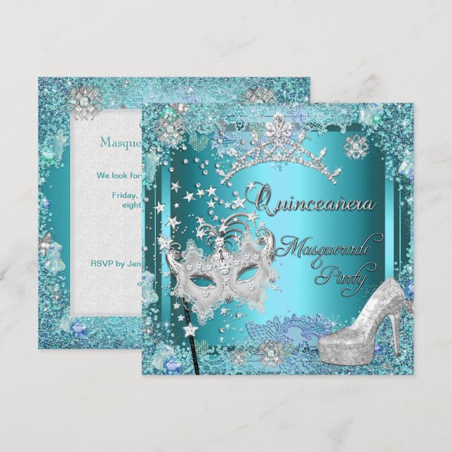 Invitation Masquerade Quinceanera 15ème Party Blue Tiara Chau (Devant / Derrière)