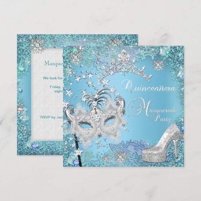 Invitation Masquerade Quinceanera 15ème Party Blue Tiara Chau (Devant / Derrière)