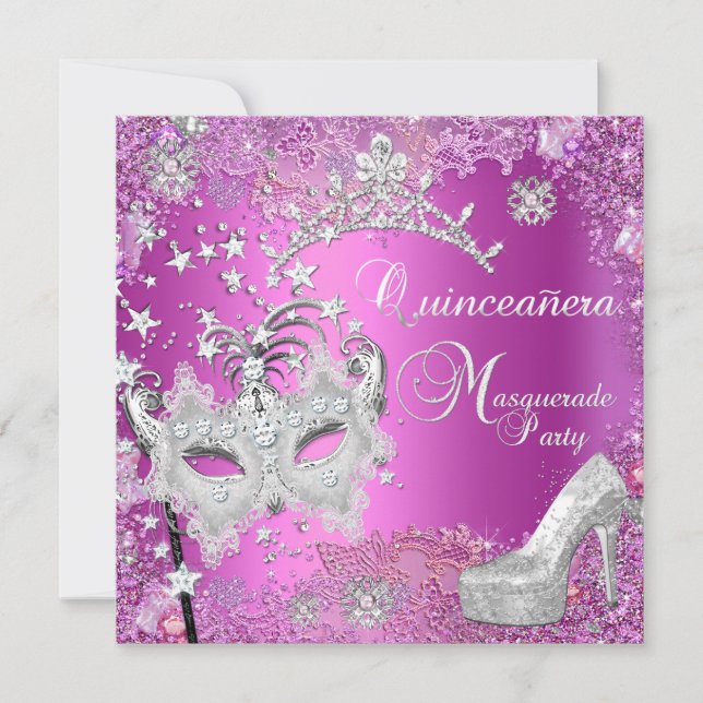 Invitation Masquerade Quinceanera 15ème Party Rose Tiara Chau (Devant)