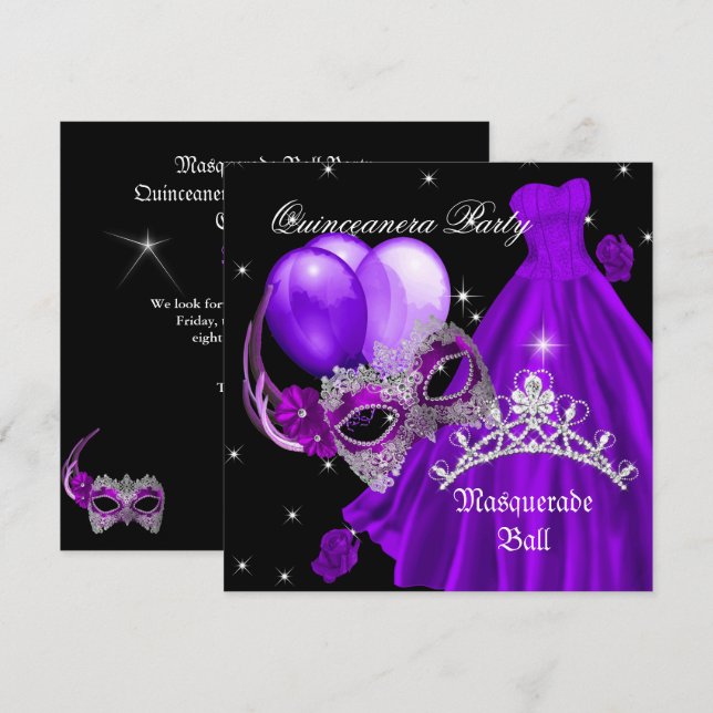Invitation Masquerade Quinceanera Anniversaire Rose violet (Devant / Derrière)