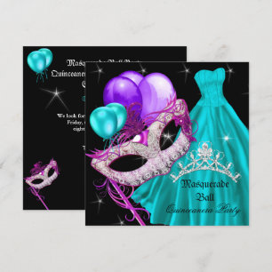 Invitation Masquerade Quinceanera Anniversaire Turquoise Viol