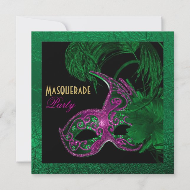 Invitation Masquerade quinceañera anniversaire vert, masque r (Devant)