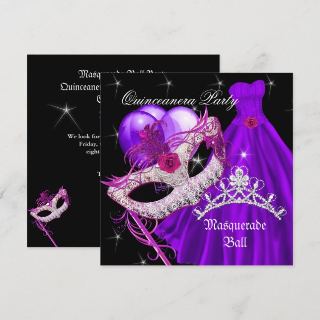 Invitation Masquerade Quinceanera Anniversaire violet (Devant / Derrière)
