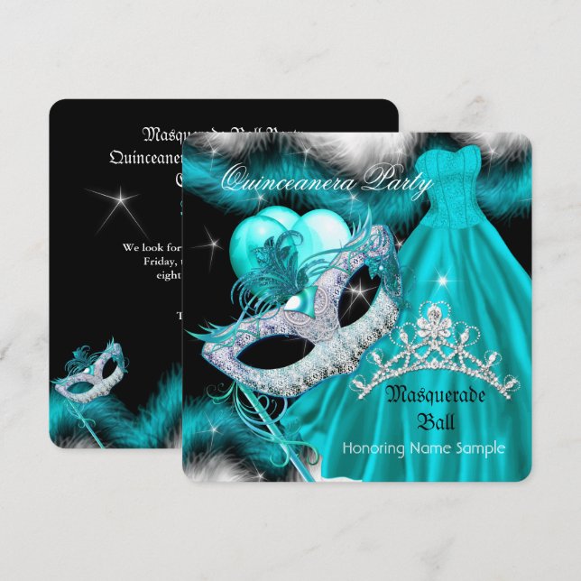 Invitation Masquerade Quinceanera fête d'anniversaire Turquoi (Devant / Derrière)