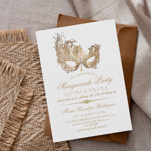 Invitation Masquerade Quinceanera Or & Blanc