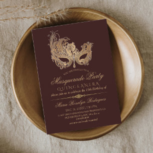 Invitation Masquerade Quinceanera Or & Bourgogne