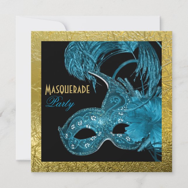 Invitation Masquerade quinceañera party bleu, feuille d'or (Devant)