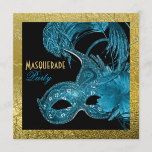 Invitation Masquerade quinceañera party bleu, feuille d'or