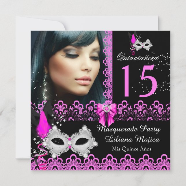 Invitation Masquerade Quinceanera Party Hot Rose dentelle (Devant)