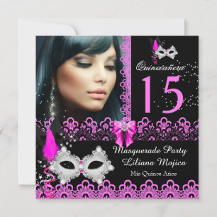 Invitation Masquerade Quinceanera Party Hot Rose dentelle