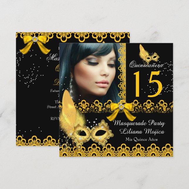 Invitation Masquerade Quinceanera Party Jaune Or Dentelle (Devant / Derrière)
