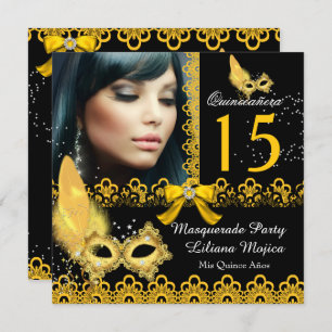 Invitation Masquerade Quinceanera Party Jaune Or Dentelle