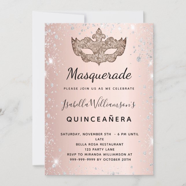 Invitation Masquerade rose or argent parties scintillant Quin (Devant)