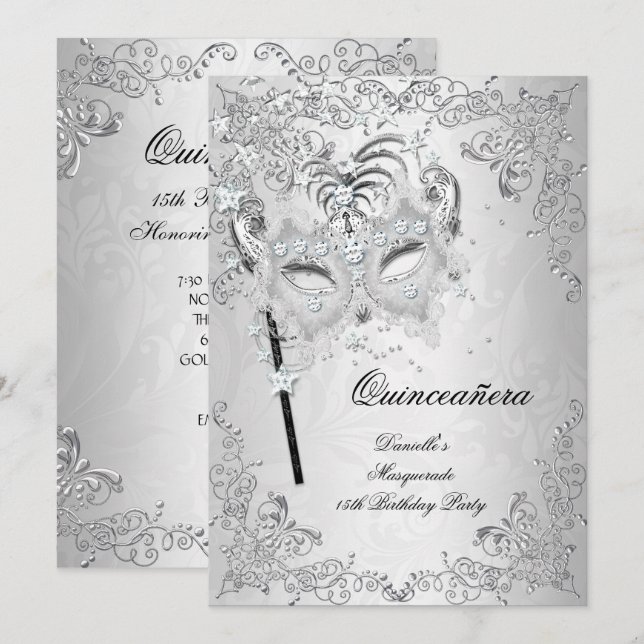 Invitation Masquerade Silver Quinceanera 15e anniversaire (Devant / Derrière)