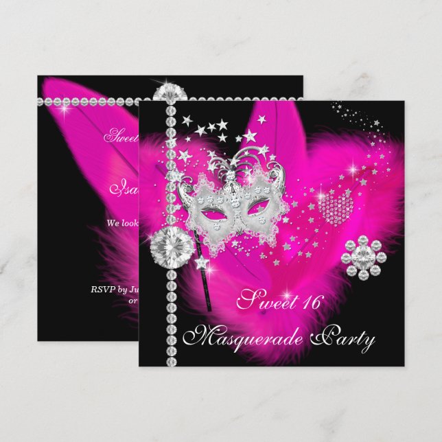 Invitation Masquerade Sweet 16 Chaud rose noir masque de plum (Devant / Derrière)