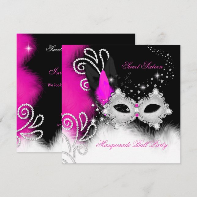 Invitation Masquerade Sweet 16 Hot rose noir masque de plume  (Devant / Derrière)