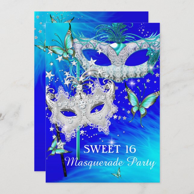Invitation Masquerade Sweet 16 Masque Diamant Bleu Turquoise (Devant / Derrière)