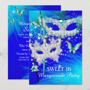 Invitation Masquerade Sweet 16 Masque Diamant Bleu Turquoise