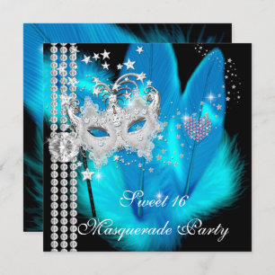 Invitation Masquerade Sweet 16 Masque Turquoise en plumes noi