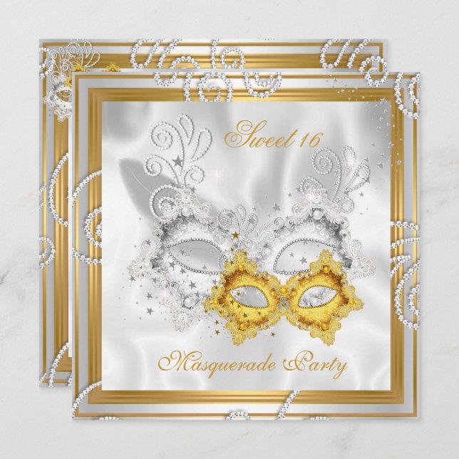 Invitation Masquerade Sweet 16 Party Masque Argent Or 2 (Devant / Derrière)