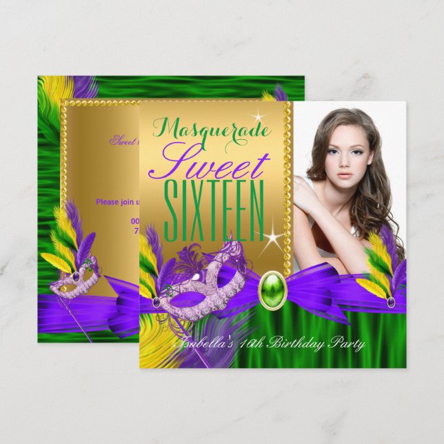 Invitation Masquerade Sweet 16 Purple Green Feather Masque (Devant / Derrière)