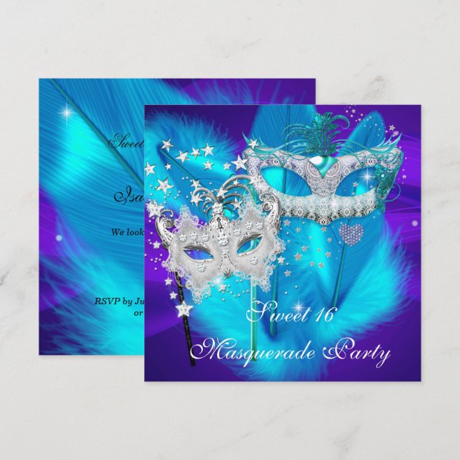 Invitation Masquerade Sweet 16 Purple Turquoise Masque bleu (Devant / Derrière)
