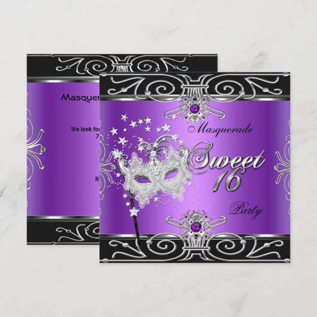 Invitation Masquerade Sweet 16 Seize Anniversaire Violet Noir (Devant / Derrière)
