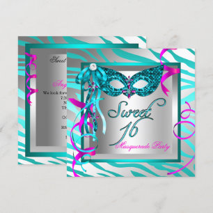 Invitation Masquerade Sweet 16 Seize bleu Turquoise Zèbre
