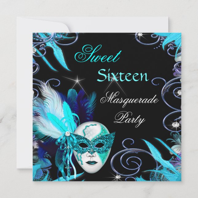 Invitation Masquerade Sweet 16 Seize Turquoise Blue Mask Part (Devant)