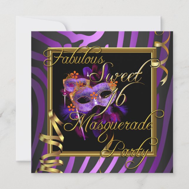 Invitation Masquerade Sweet 16 Sweet sixteen Or violet (Devant)