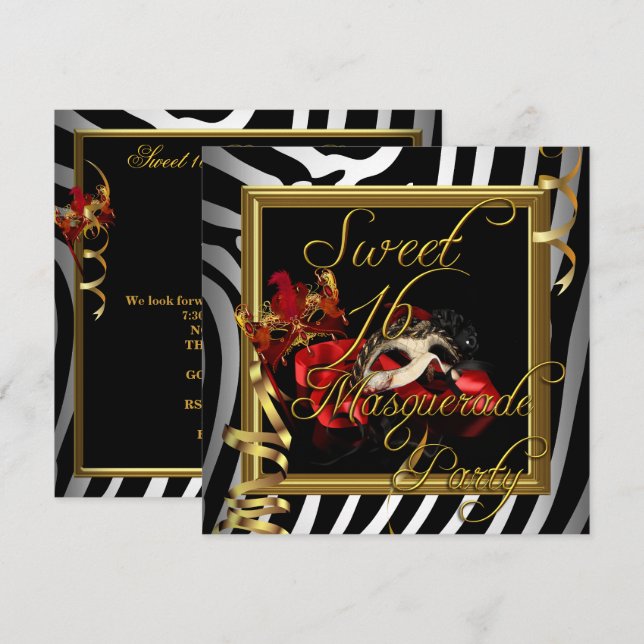 Invitation Masquerade Sweet 16 Sweet sixteen Zèbre Rouge (Devant / Derrière)