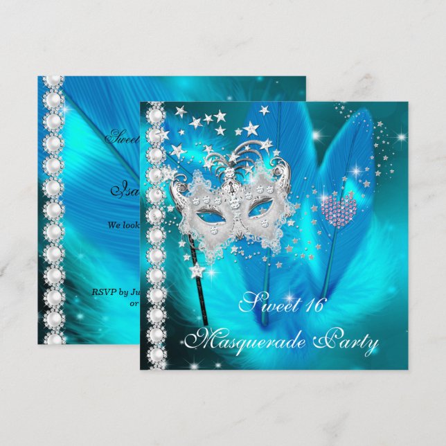 Invitation Masquerade Sweet 16 Turquoise Masque de plumes noi (Devant / Derrière)