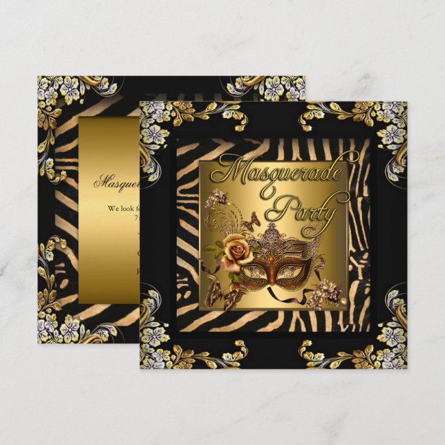 Invitation Masquerade Zebra Café Black Gold fête d'anniversai (Devant / Derrière)