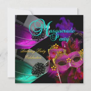 Invitation Masques de fête d'anniversaire sarcelle rose or