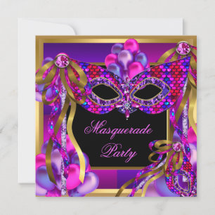 Invitation Masques de Mascarade Rose Violet Bleu Vert Anniver