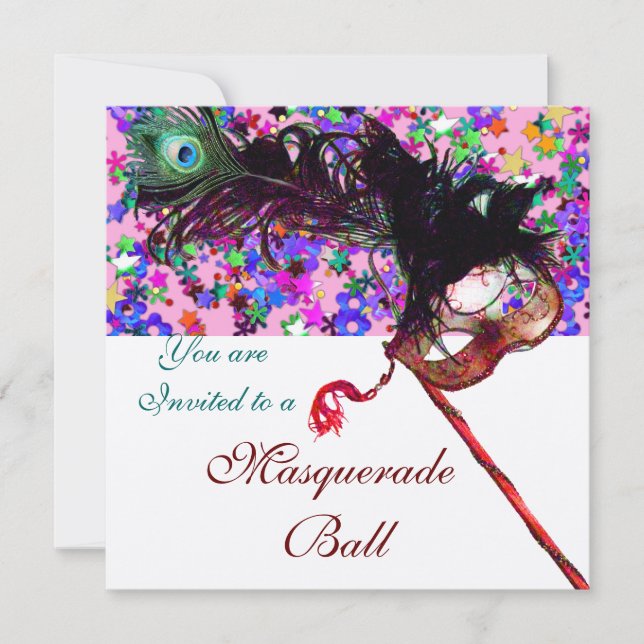 INVITATION MASQUES MASQUÉRADE MARDI GRAS, CONFETTI COLORÉ (Devant)