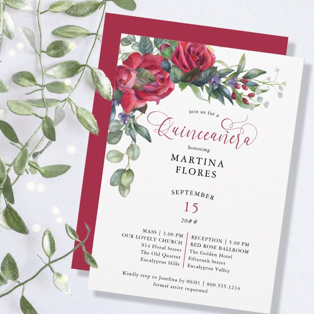 Invitation Masse élégante Eucalyptus Rose rouge et Quinceaner (Créateur téléchargé)