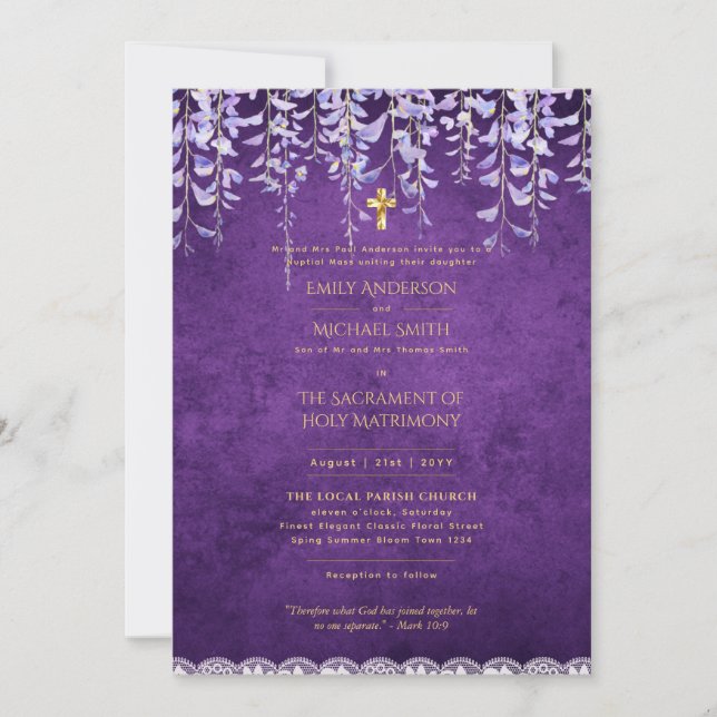Invitation Masse nuptiale Mariage catholique Purple Wisteria (Devant)