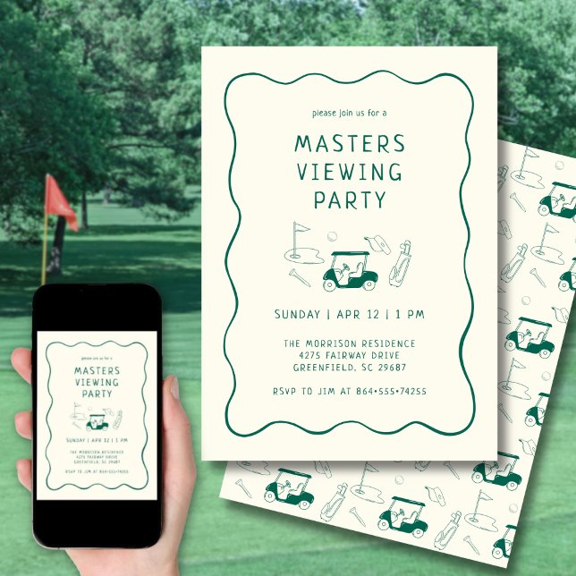 Invitation Masters Golf Viewing Watch Party Hand Drawn Green (Clean, modern layout with hand-drawn golf details.)