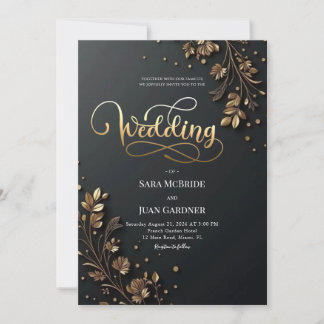 Invitation Matte Black & 3D Gold Leaf Botanical Motifs