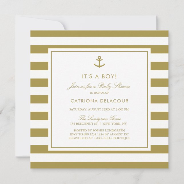Invitation Matte Gold Nautical C'est un Baby shower garçon (Devant)