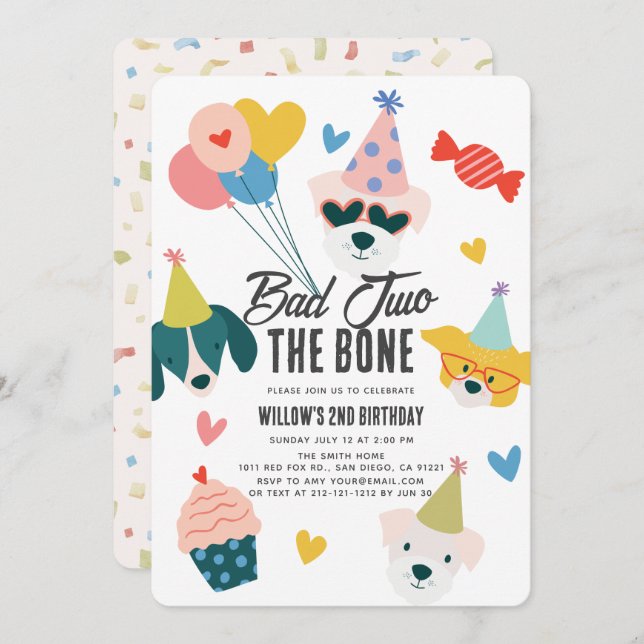 Invitation Mauvais deux chiens os Ballons 2e anniversaire (Devant / Derrière)