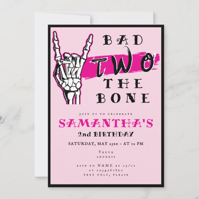 Invitation Mauvais Deux L'Os Pink Skeleton Main 2e Anniversai (Devant)