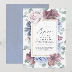 Invitation Mauve and Dusty Blue Flowers Elegant Baptism